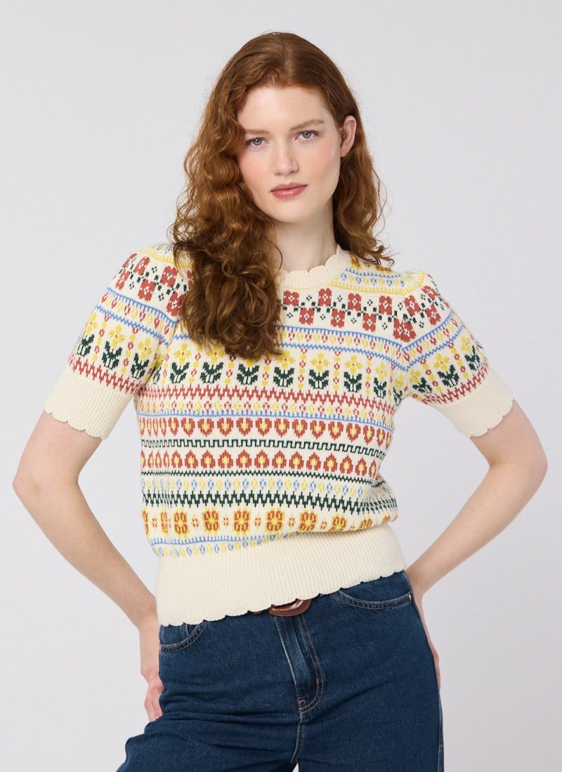 Clare Fair Isle Scalloped Short Sleeve Knit | Vintage