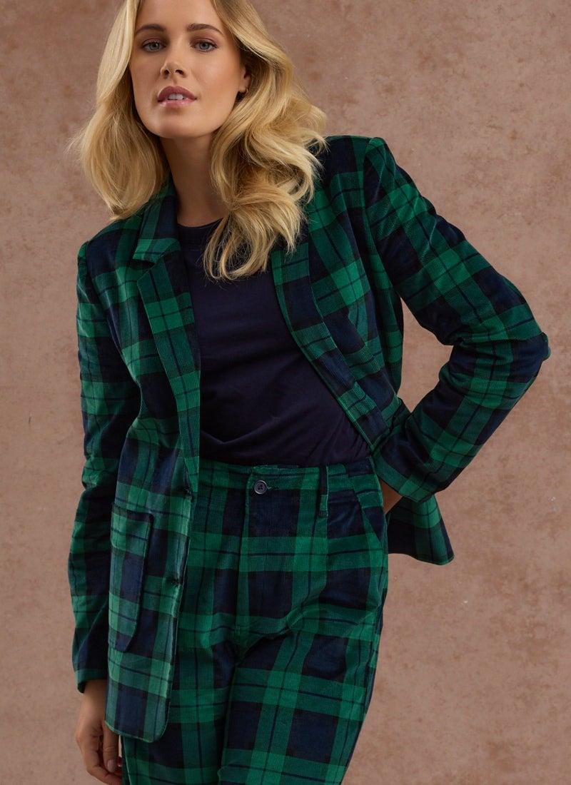 Joanie Clothing Frank Check Print Corduroy Tailored Blazer- UK 18  - Sustainable Organic Cotton (Green)