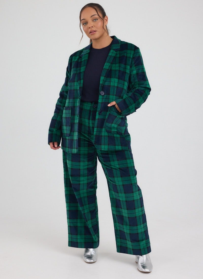 Joanie Clothing Pip Check Print Corduroy Wide Leg Trousers- UK 14  - Sustainable Organic Cotton (Green)