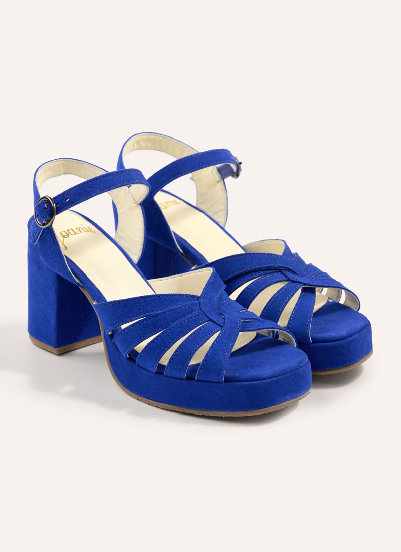 Montpellier Suede Platform Sandals Vintage-Inspired Blue Heeled