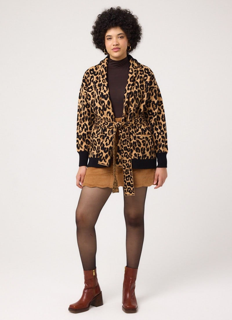 Joanie Clothing Starsky Leopard Intarsia Belted Grandad Cardigan-XL (UK 20-22) (Brown)