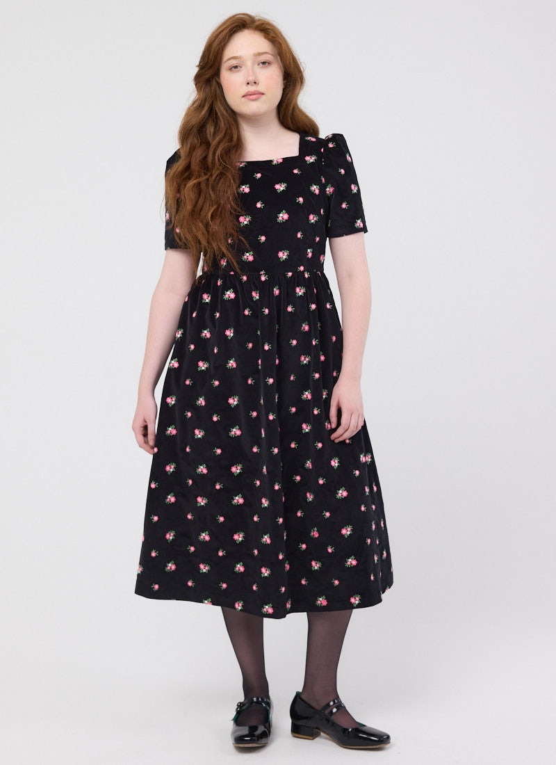 Aerona Floral Embroidered Corduroy Midi Dress | Vintage-Inspired Black  Floral Dress | Joanie