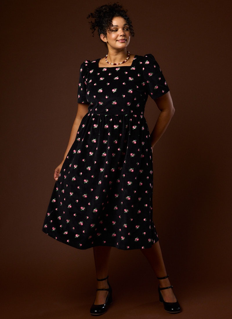 knee length dresses for ladies Black Floral Midi Dress With Slit