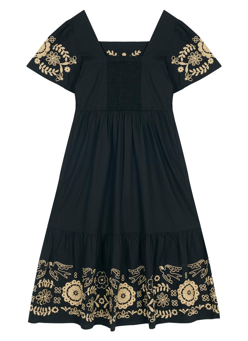 Alice Embroidered Square Neck Midi Dress | Vintage-Inspired