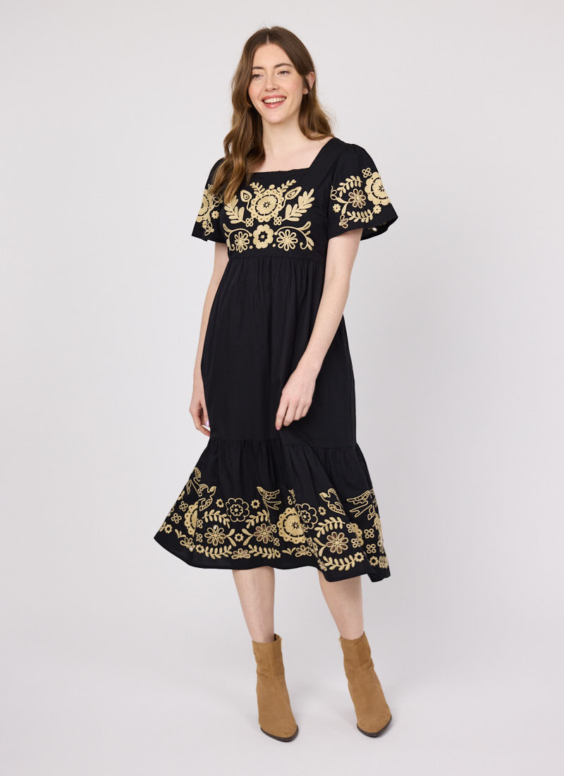 Alice Embroidered Square Neck Midi Dress - Black