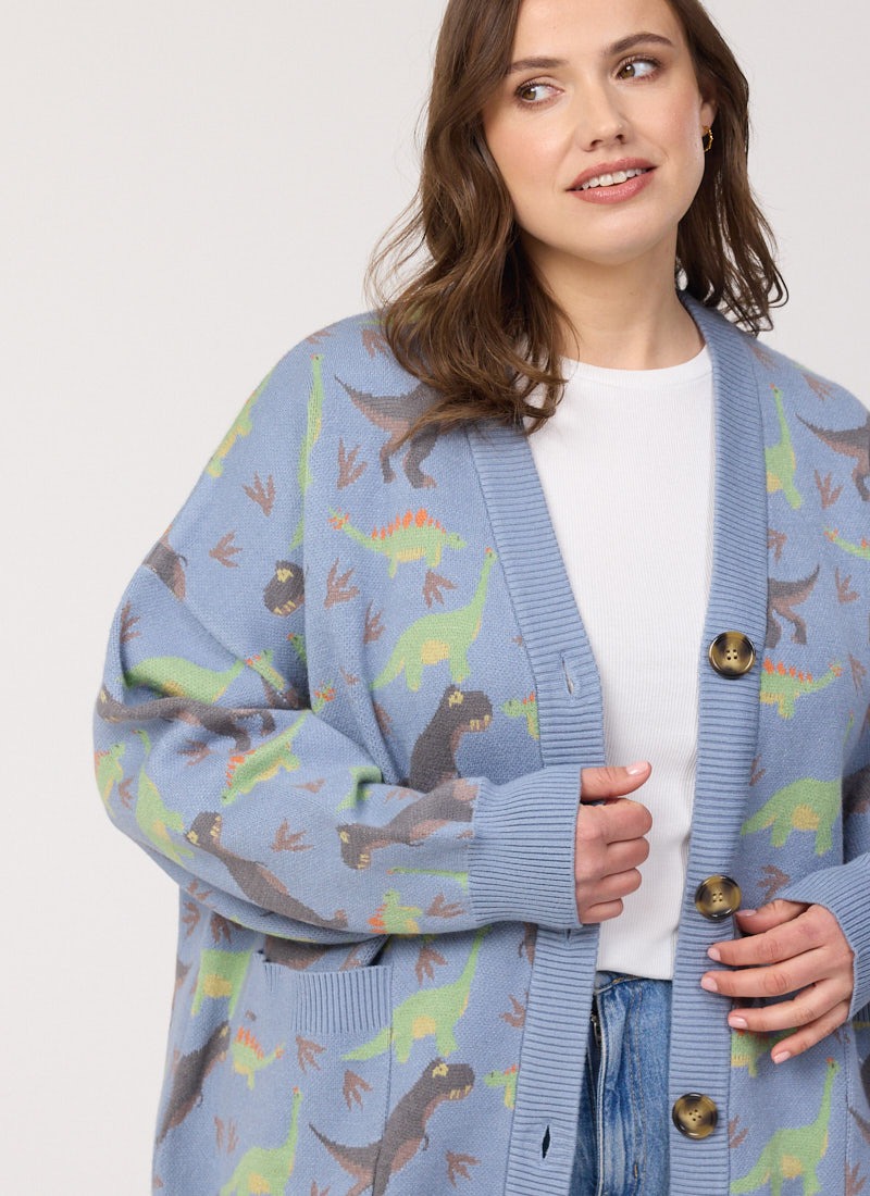 Allo Dinosaur Intarsia Knit Oversized Cardigan | Vintage