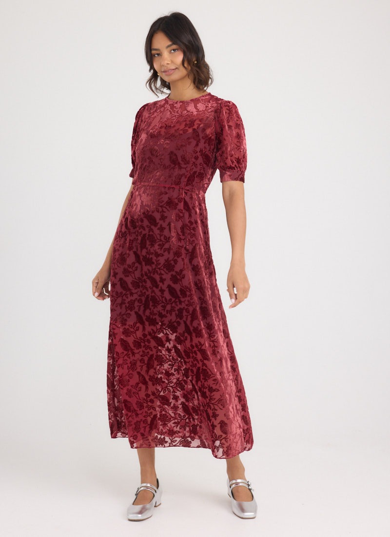 Anastasia Puff Sleeve Velvet Maxi Dress | Vintage-Inspired Burgundy Burnout  Velvet Dress