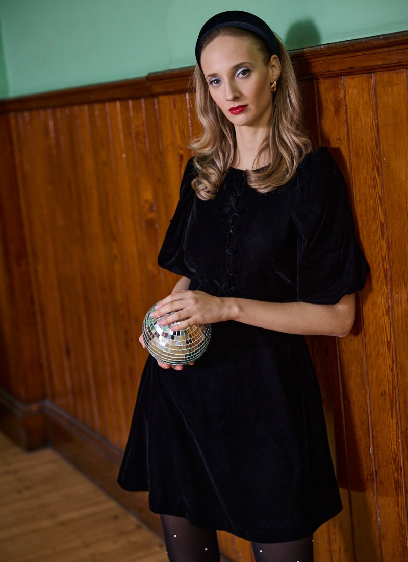 Andrea Puff Sleeve Velvet Mini Dress - Model Front
