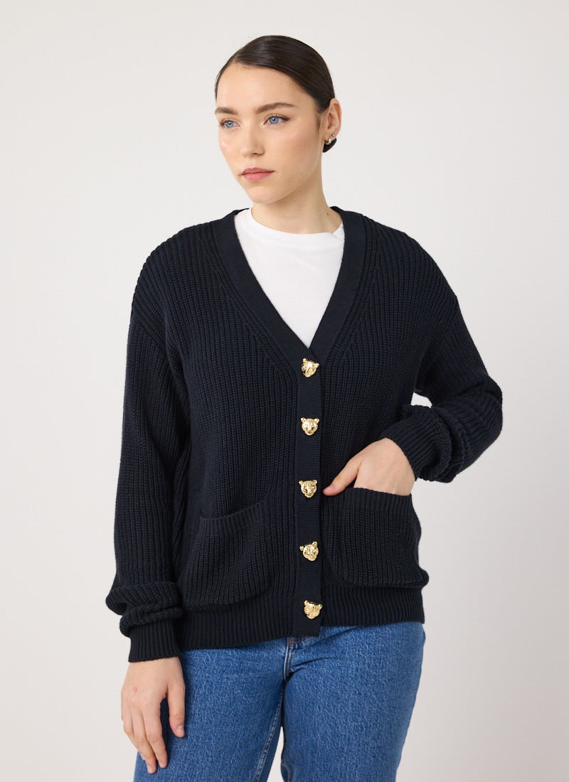 Piper Leopard Head Button Cardigan - Black