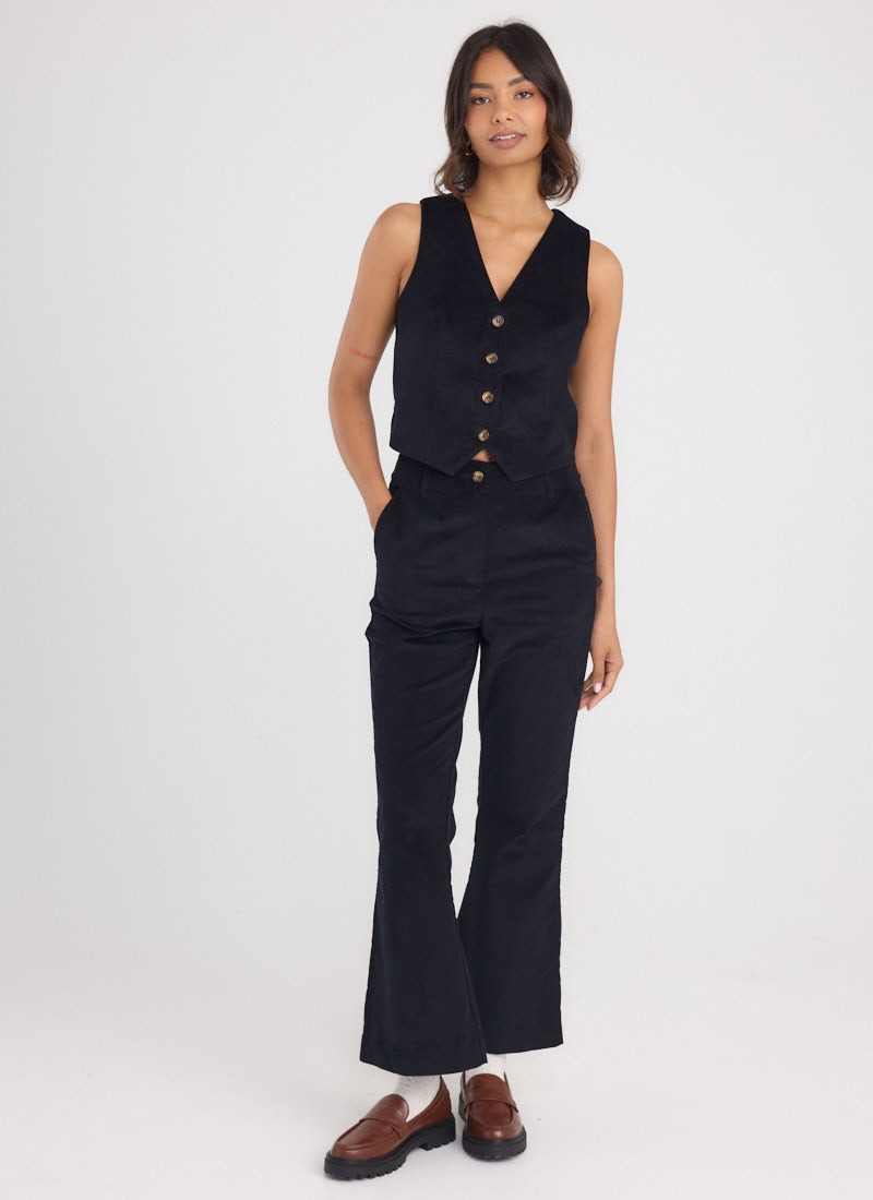 Richmond Corduroy Flared Trousers - Black - Model Front Full Length