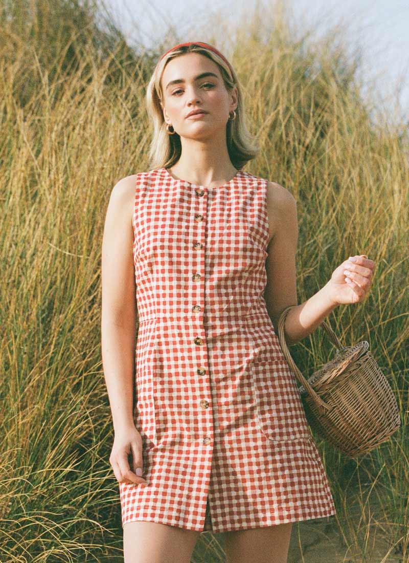 Ashley Gingham Boat Neck Mini Dress | Vintage-Inspired Red