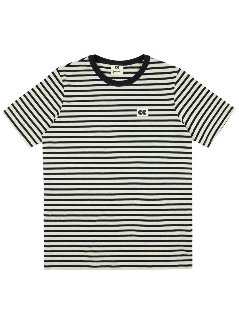 Community Clothing X Joanie - Belmondo Monochrome Stripe Tee - Model Front Blue Jeans