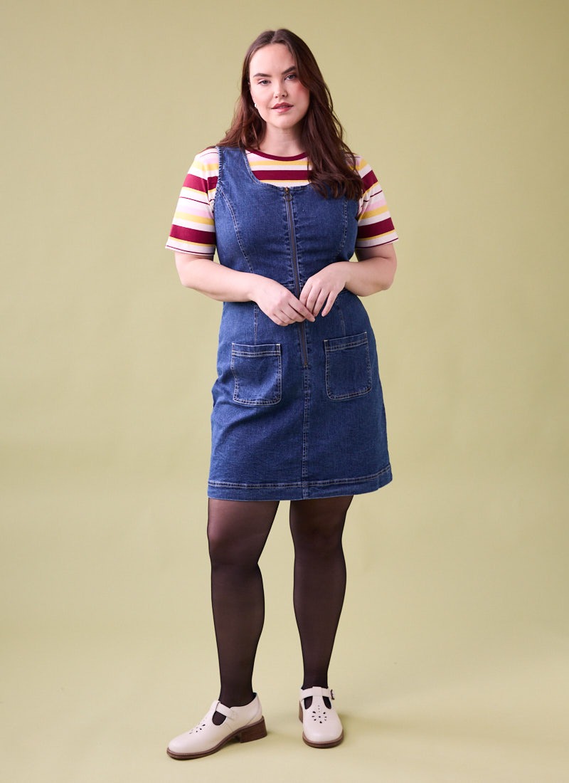 Mindy Mid Wash Denim Pinafore Dress | Vintage-Inspired A