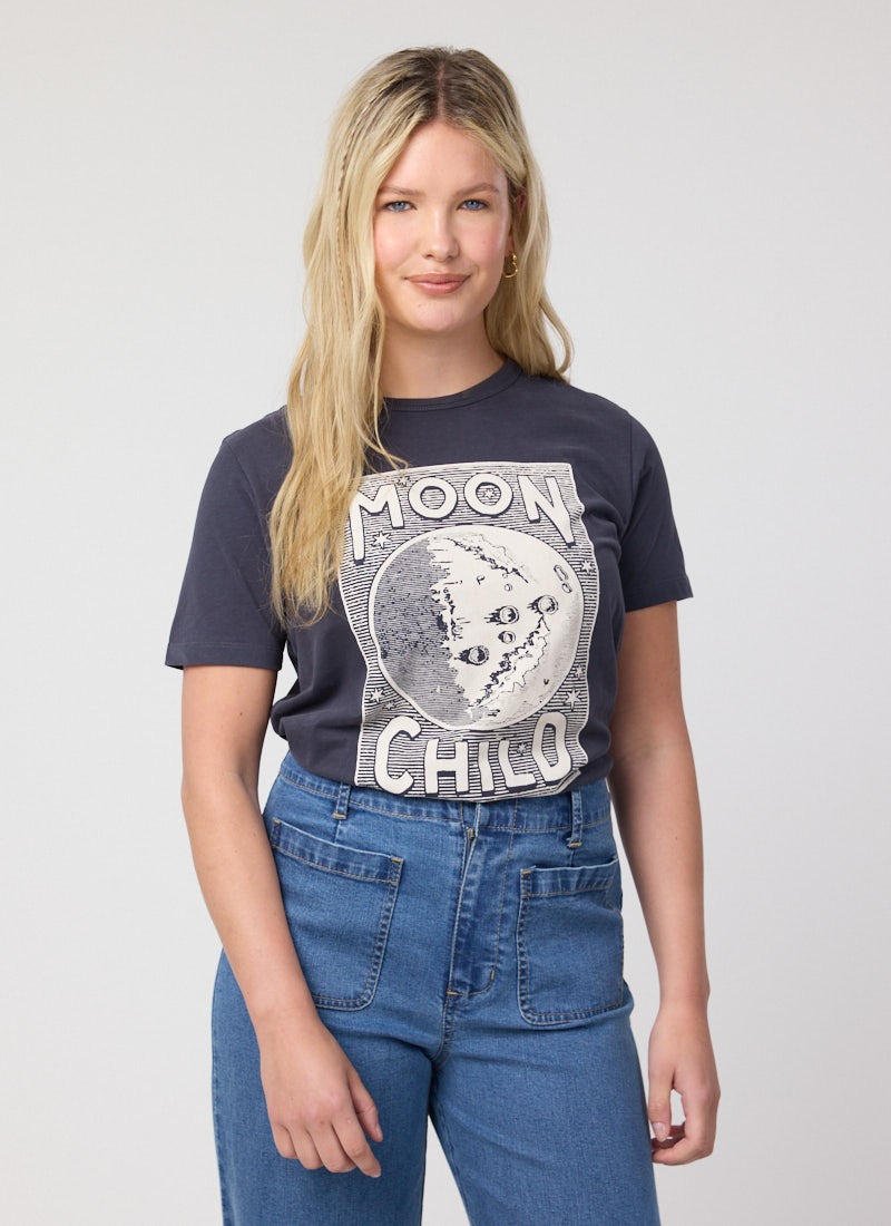 Callisto Moon Child Graphic Slogan Tee - Model Front