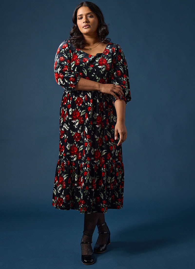 Candi Floral Print Velvet Midi Dress | Vintage-Inspired Red Tartan Midi | Joanie Candi Floral Print Velvet Midi Dress | Vintage-Inspired Red Tartan Midi | Joanie