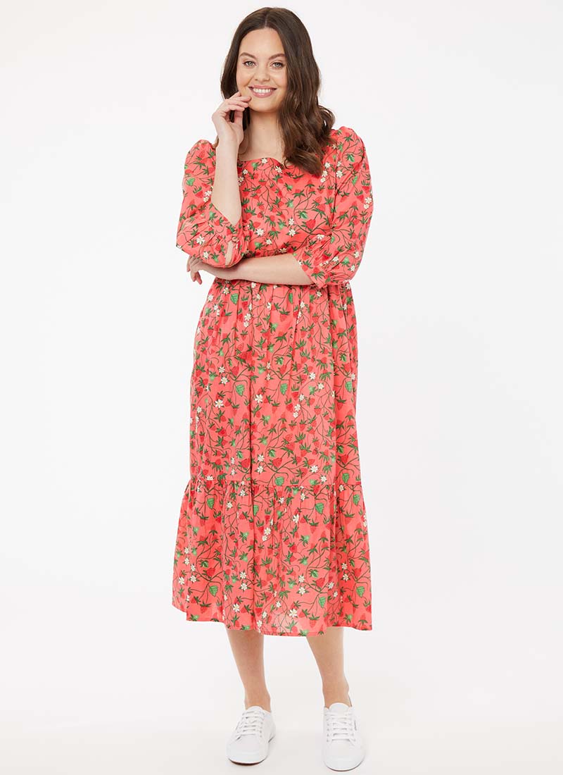 Candice Strawberry Print Midi Dress | Vintage-Inspired Puff Sleeve