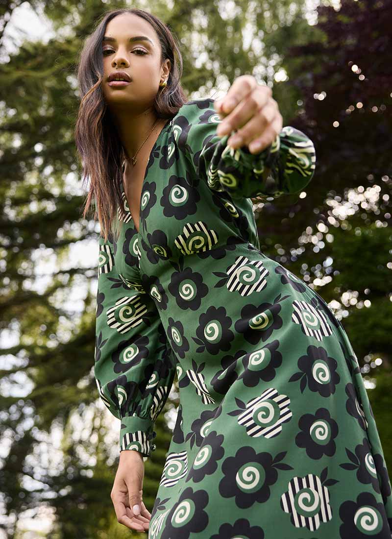 Celia Birtwell X Joanie - Candyflower Print Bell Sleeve Midi Dress |  Vintage-Inspired Printed Dress | Joanie