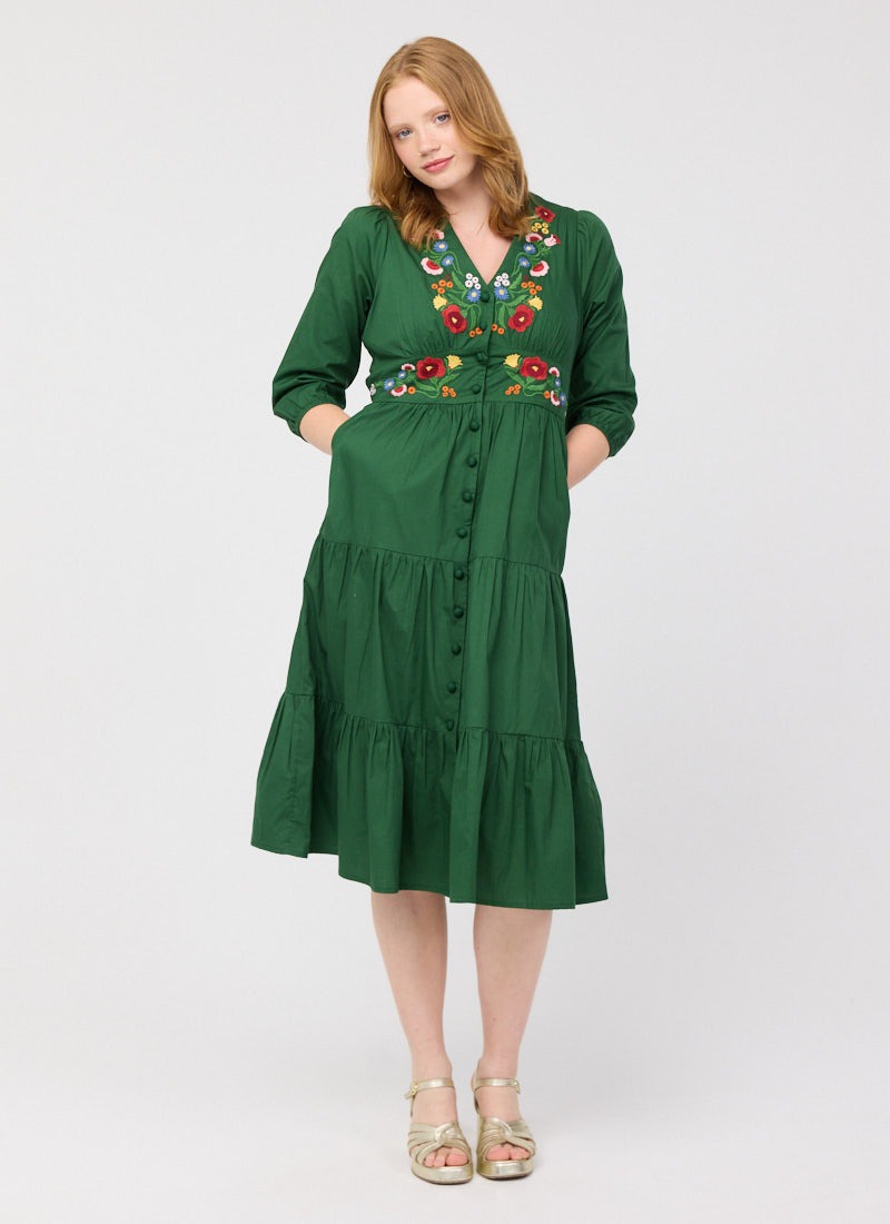 Catalina Green Vintage Floral Embroidered Dress | Vintage-Inspired Midi  Dress