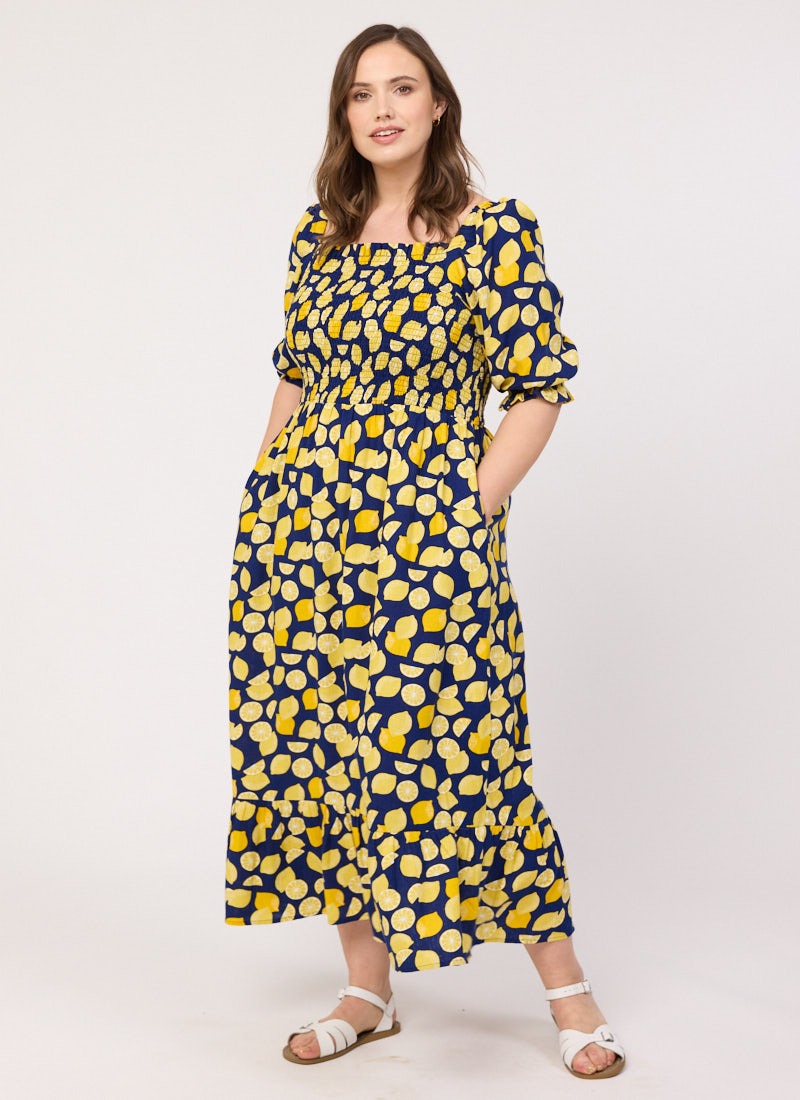 Cinna Lemon Print Square Neck Midi Dress Cinna Lemon Print Square Neck Midi Dress