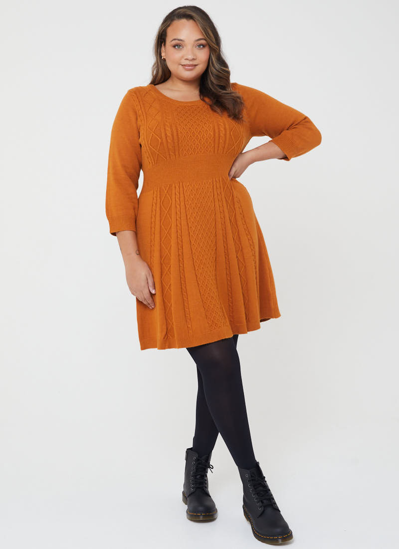 Clarice Cable Knit Jumper Dress | Vintage-Inspired Rust Knitted Dress | Joanie Clarice Cable Knit Jumper Dress | Vintage-Inspired Rust Knitted Dress | Joanie