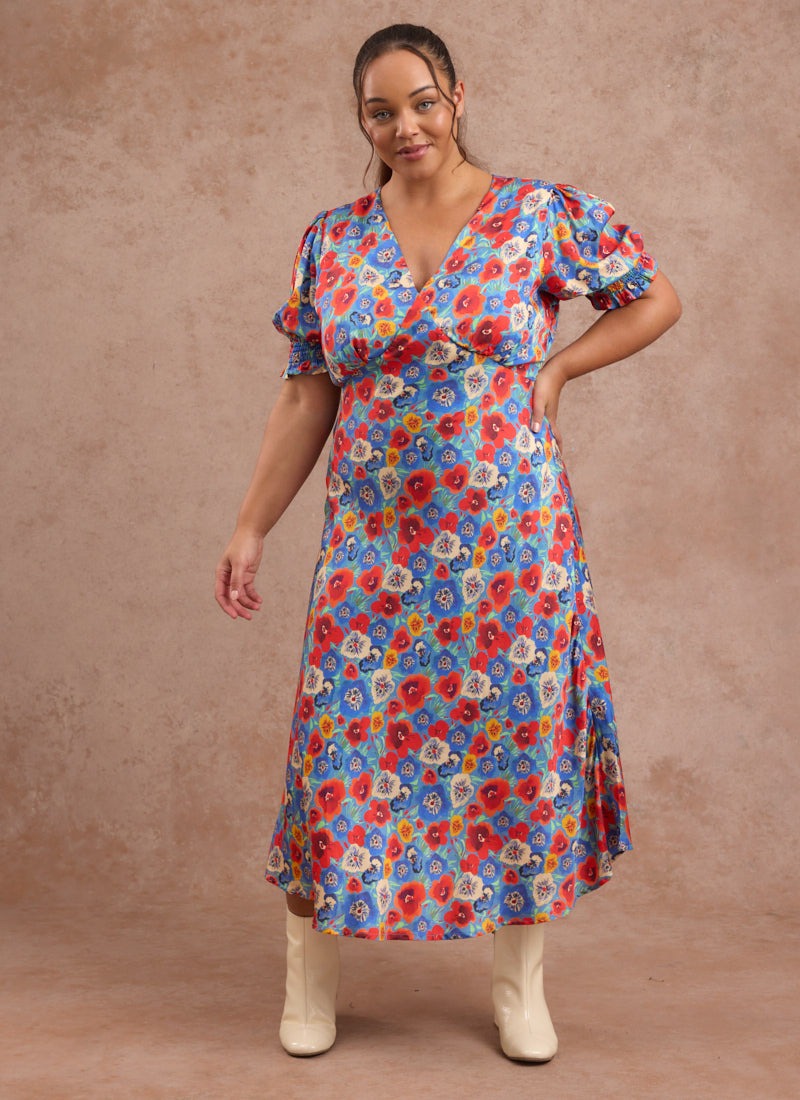 Colleen Pansy Floral Print Midi Dress | Vintage-Inspired Satin-Feel Floral  Dress | Joanie
