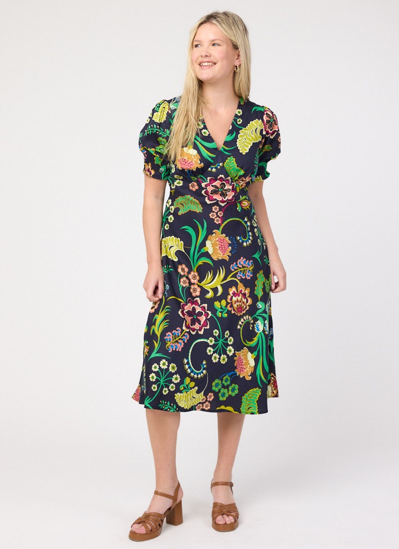 Colleen Pansy Floral Print Midi Dress | Vintage-Inspired Satin-Feel Floral  Dress | Joanie