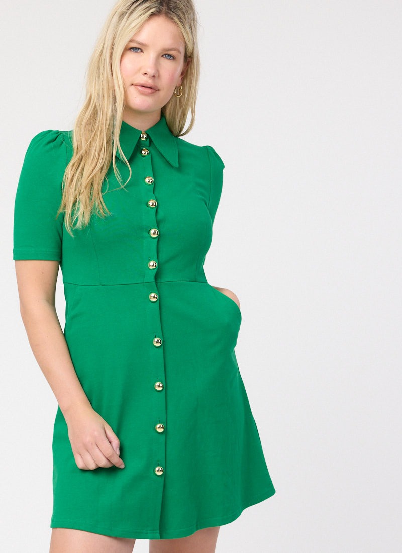 Colton Jersey Shirt Dress | Vintage-Inspired Green Mini Dress | Joanie Colton Jersey Shirt Dress | Vintage-Inspired Green Mini Dress | Joanie