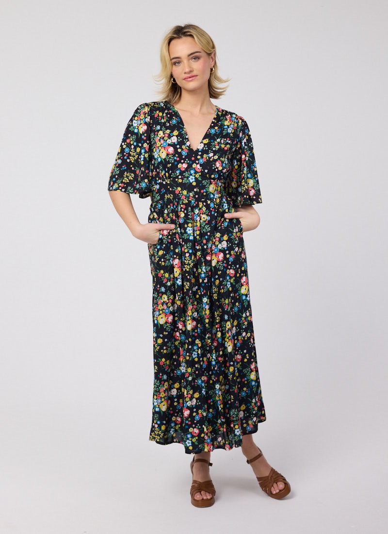 Desdemona Black Floral Print Midi Dress | Vintage-Inspired Black Midaxi Dress | Joanie Desdemona Black Floral Print Midi Dress | Vintage-Inspired Black Midaxi Dress | Joanie
