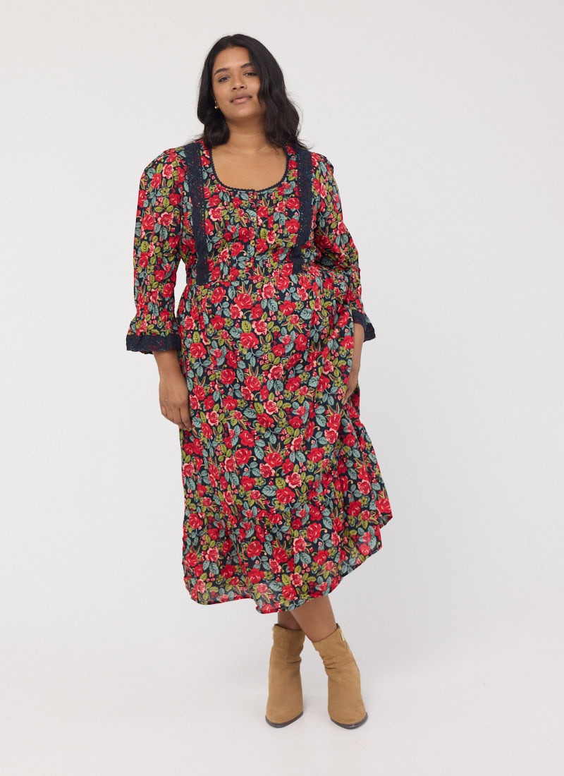 Eleri Antique Rose Print Crochet Trim Prairie Dress | Vintage-Inspired Black Floral Midi Dress | Joanie Eleri Antique Rose Print Crochet Trim Prairie Dress | Vintage-Inspired Black Floral Midi Dress | Joanie