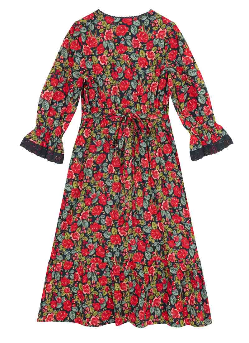 Eleri Antique Rose Print Crochet Trim Prairie Dress | Vintage