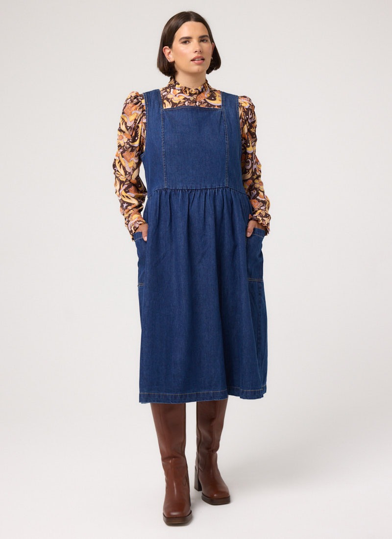Mabel Denim Square Neck Pinafore Dress | Vintage-Inspired Mid-Wash
