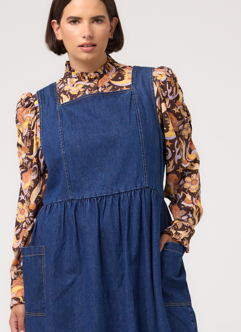 Mabel Denim Square Neck Pinafore Dress | Vintage-Inspired Mid-Wash