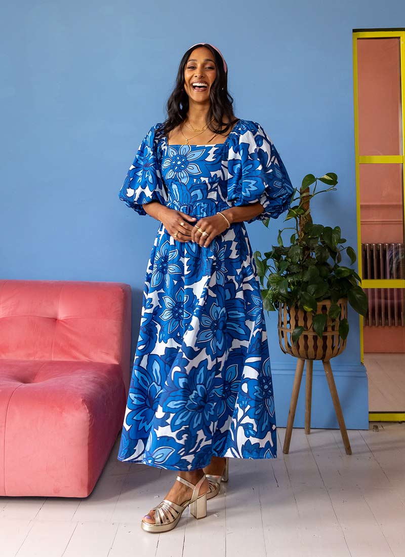 Zeena X Joanie - Emma Blue Floral Print Puff Sleeve Midaxi Dress
