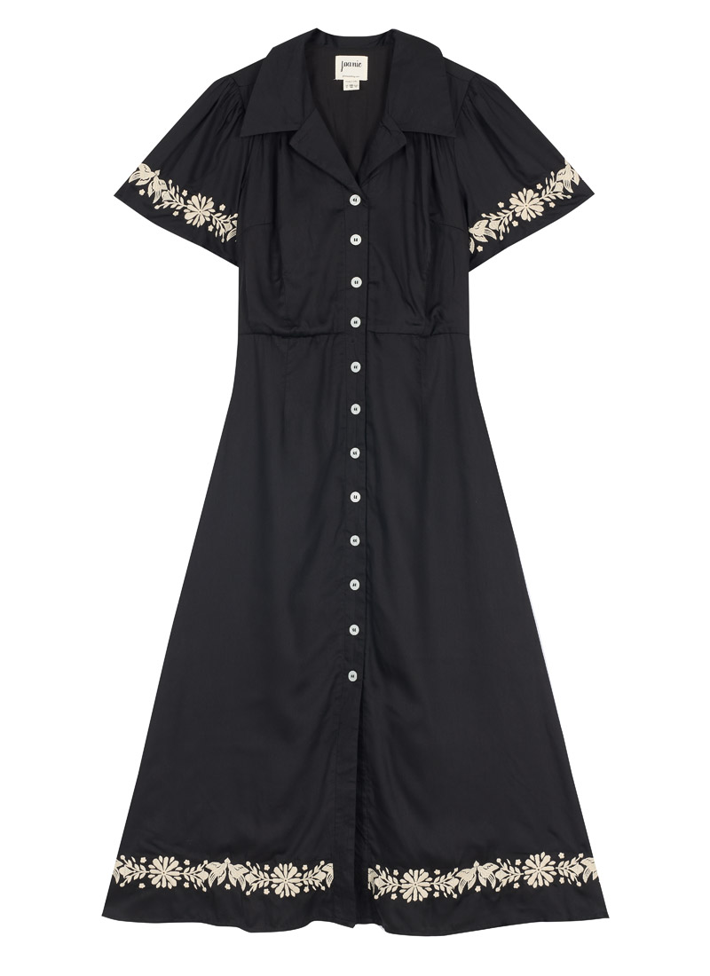 Podie Embroidered Floral Midi Dress | Vintage-Inspired Black