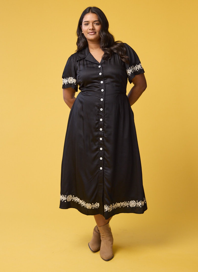 Este Black Embroidered Shirt Dress | Vintage-Inspired Monochrome Midi Dress  | Joanie