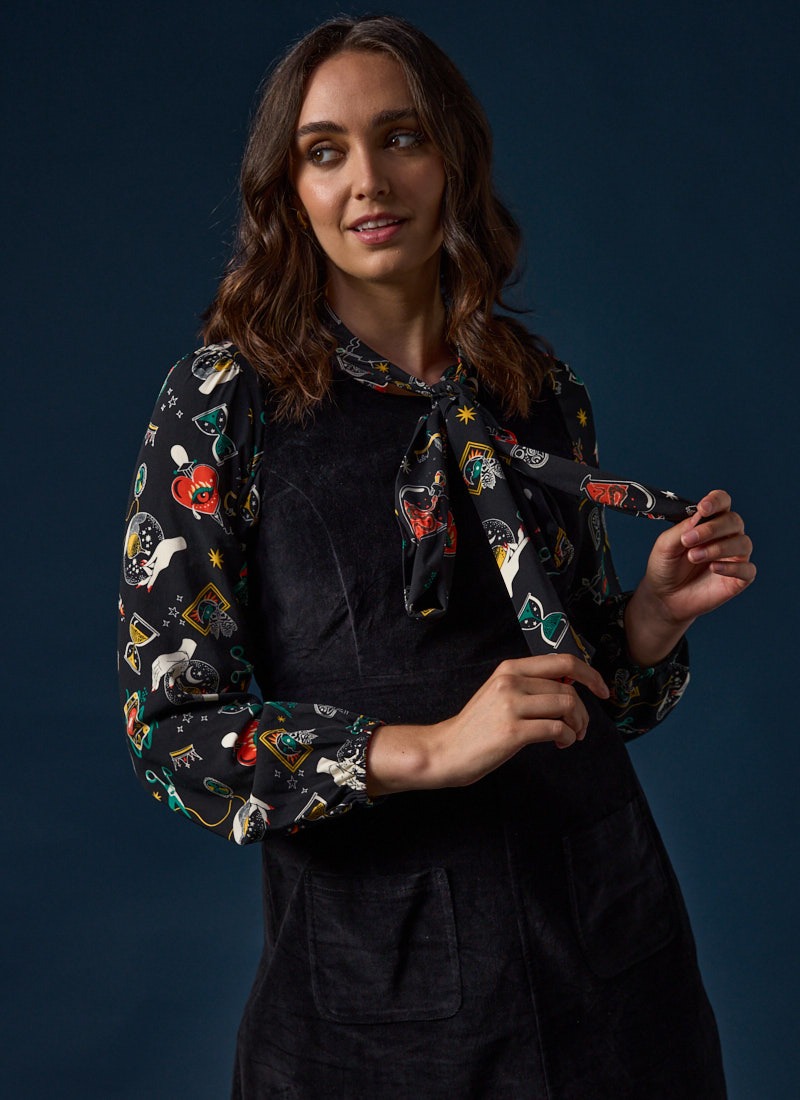 Etoile Dark Magic Print Tie Neck Blouse - Model Front Size 10