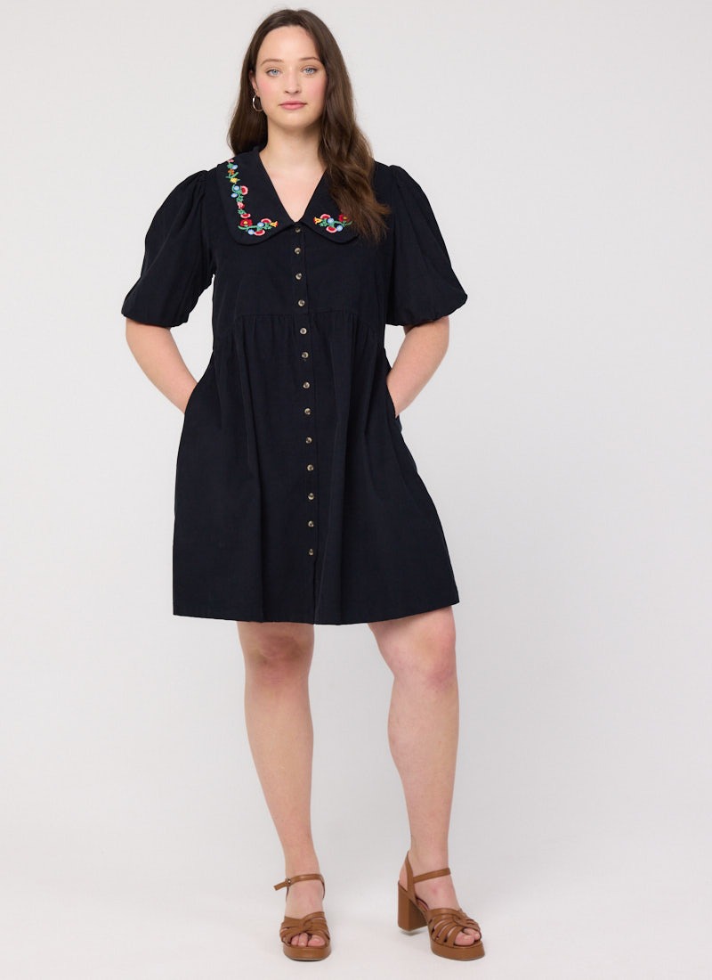 Felicity Embroidered Collar Corduroy Mini Dress | Vintage-Inspired Black Shirt Dress | Joanie Felicity Embroidered Collar Corduroy Mini Dress | Vintage-Inspired Black Shirt Dress | Joanie