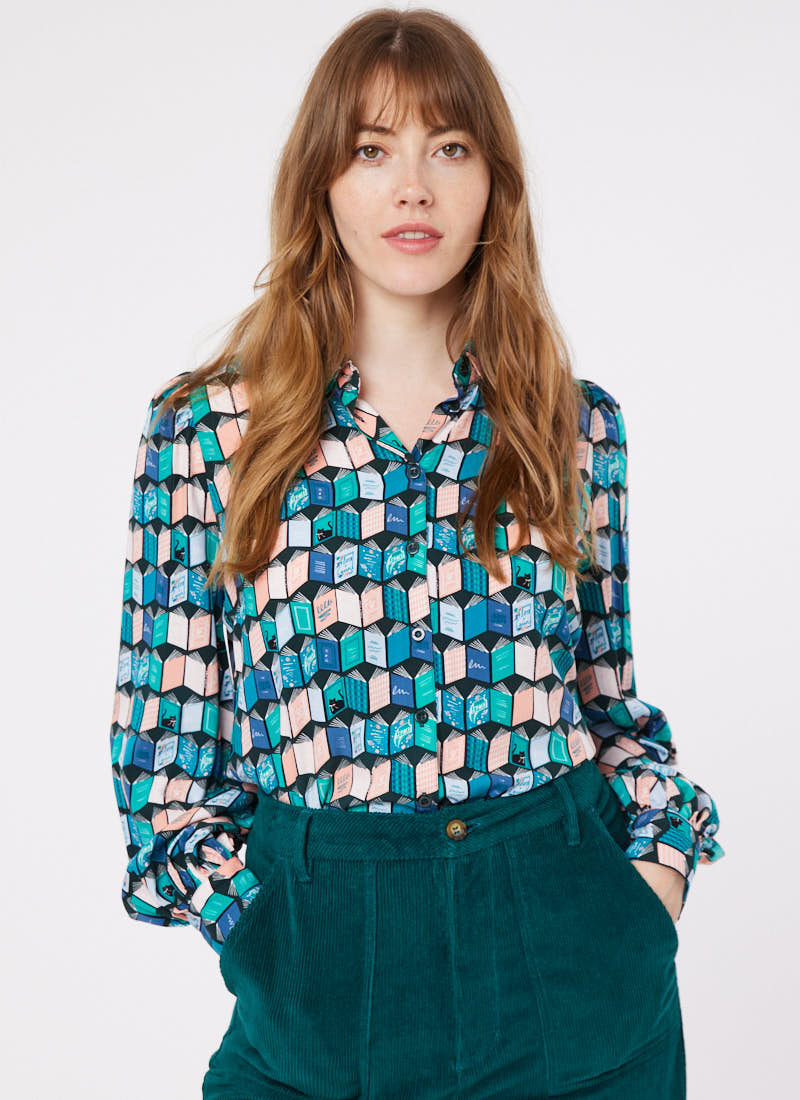 Fiona Book Print Blouse - Lafayette Wide Leg Corduroy Trousers - Green - Model Front Close Up