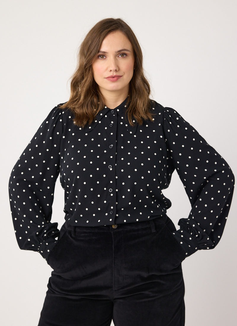 Fiona Polka Dot Print Blouse - Blue Jeans Model Front
