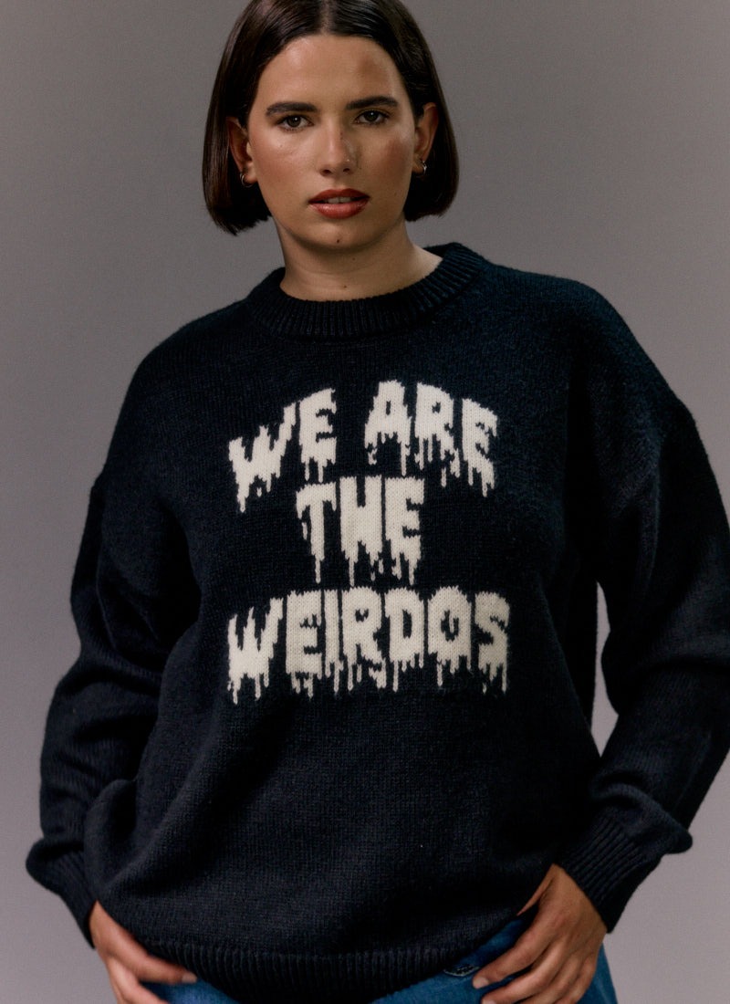 Fleming Goth Oversized Knitted Slogan Jumper | Vintage-Inspired