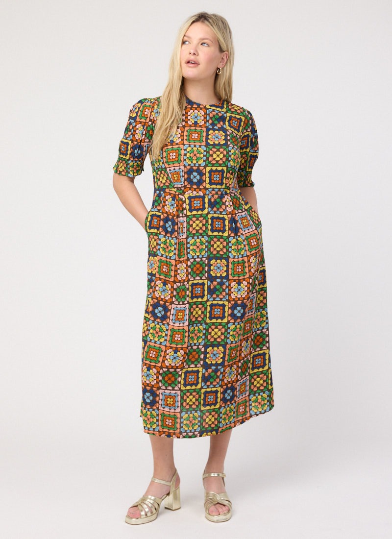 Flora Granny Square Print Puff Sleeve Midaxi Dress | Vintage