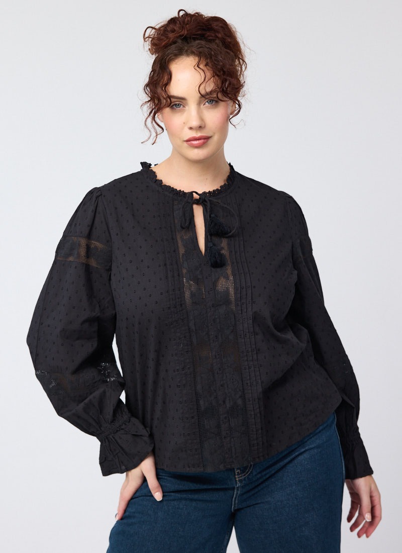 Florence Tie Neck Dobby Blouse - Black - Model Front Size 16