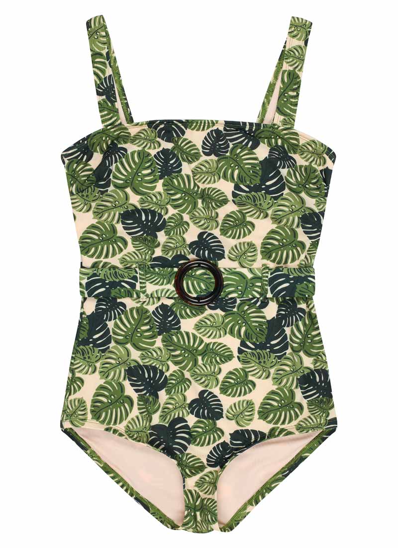 Fonda Monstera Print Square Neck Belted Swimsuit - Extra Large (UK 20-22)