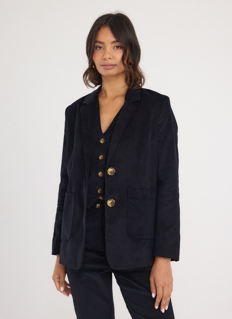 Frank Single Breasted Corduroy Tailored Blazer - Black - Model Front