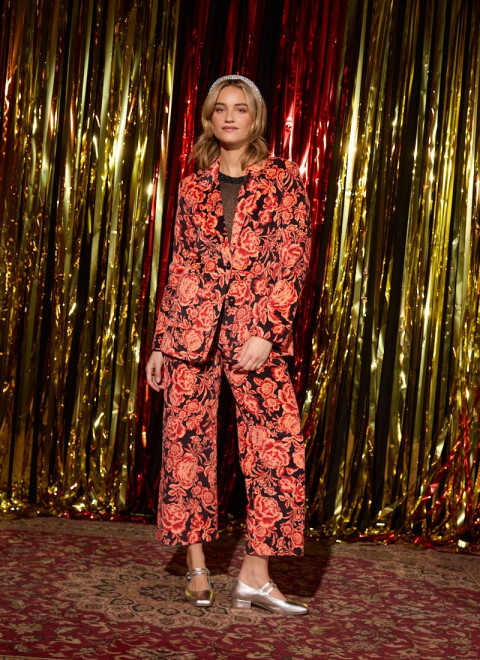 Frank Blooming Floral Print Corduroy Tailored Blazer - Model Front - Pippa Blooming Floral Print High Waist Corduroy Trousers