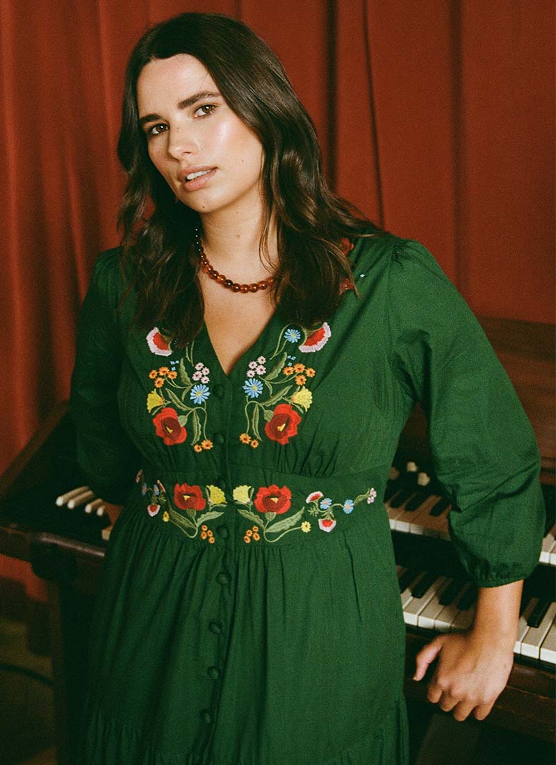 green emerald velvet dress Olive Floral Embroidered Midi Dress