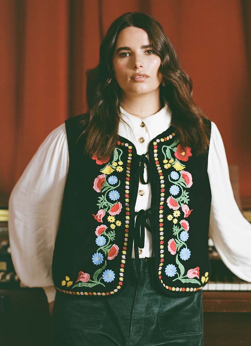 Joss Embroidered Tie Front Gilet - Black - Model Front