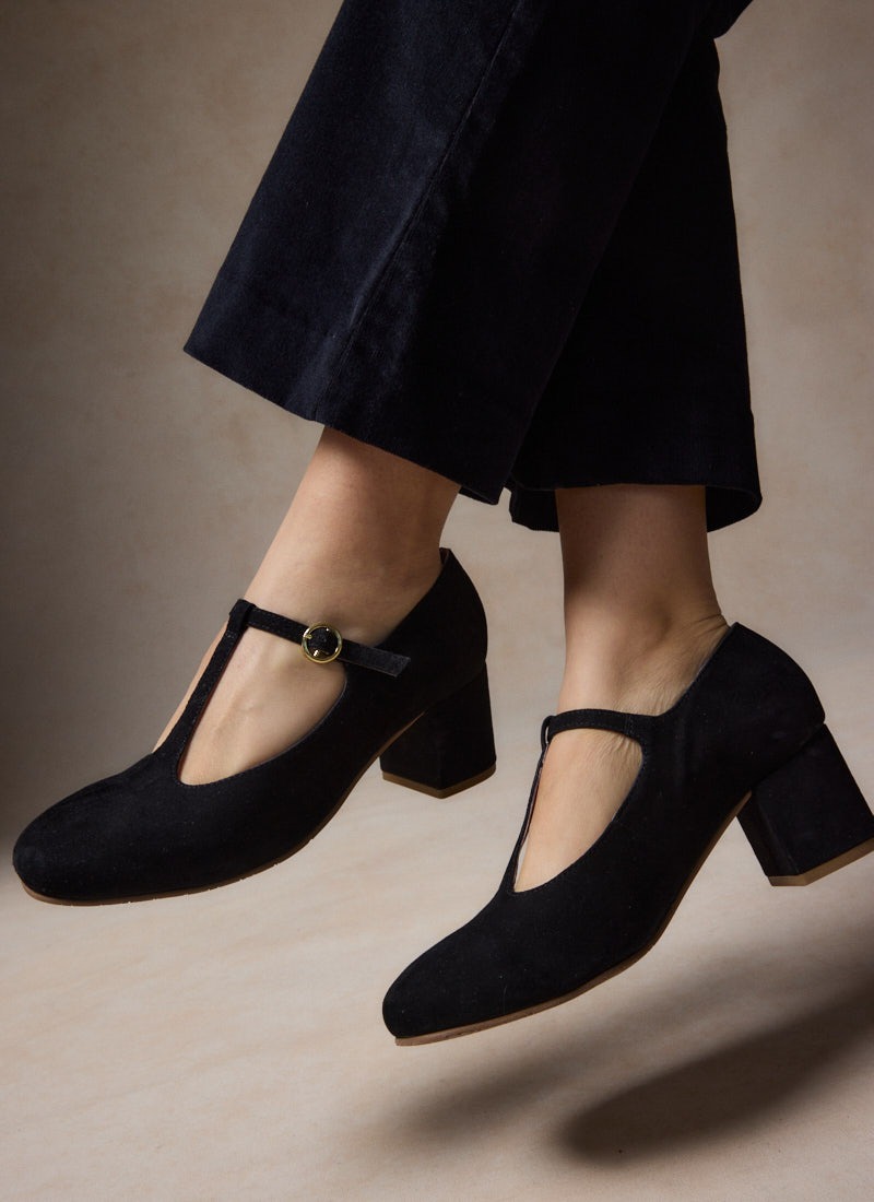 Lille Suede T-Bar Dolly Shoes | Vintage-Inspired Black Square Toe