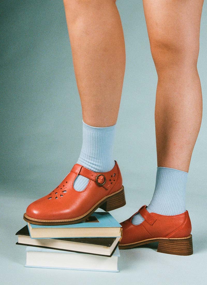 Lyon Leather T-Bar Shoes Vintage-Inspired Chunky Rust-Toned