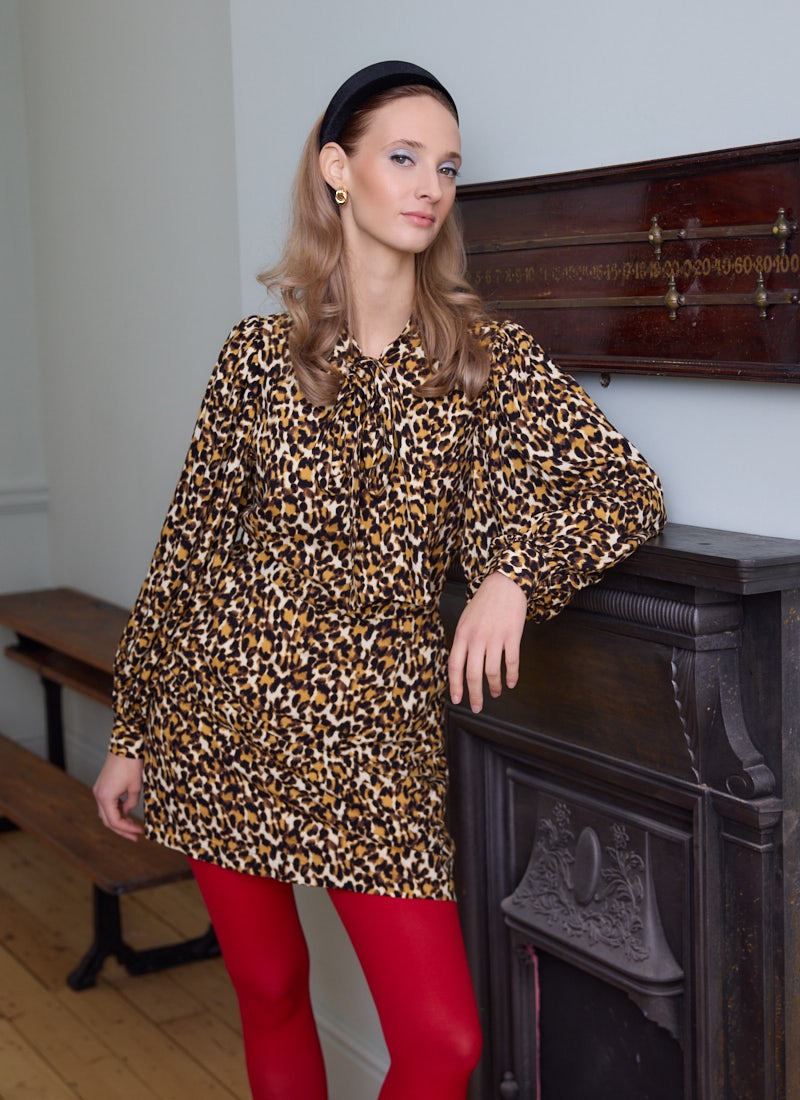 Nolly Leopard Print Pussy Bow Mini Dress | Vintage-Inspired Gothic Mini  Dress | Joanie